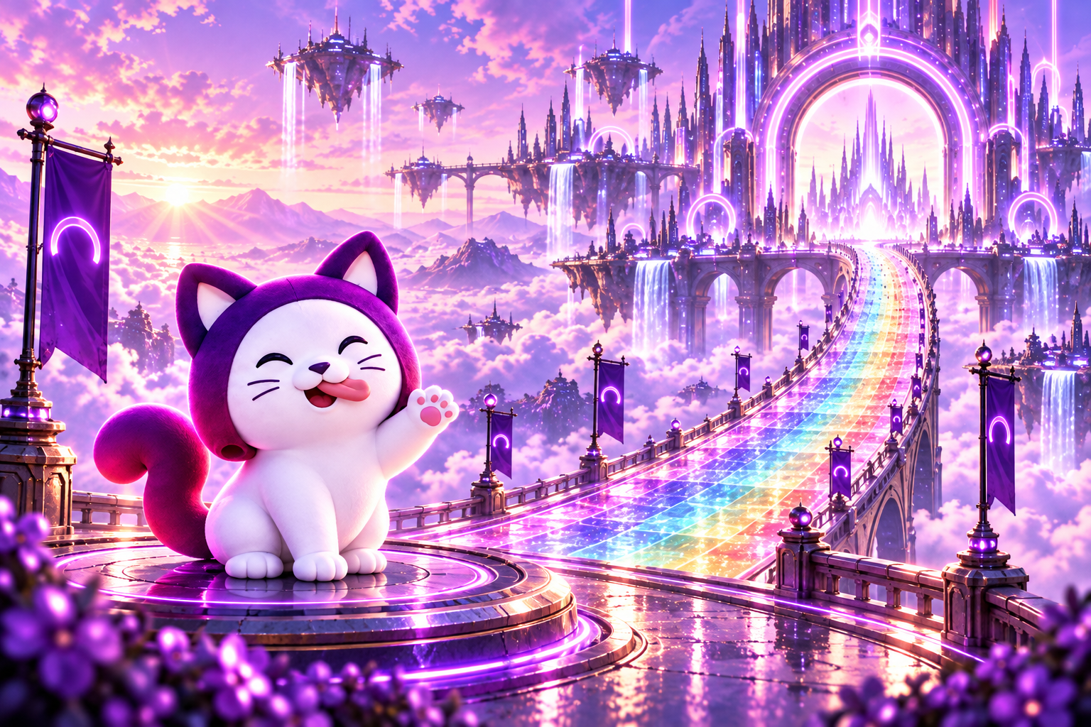 Arcat waving at the entrance to the rainbow bridge