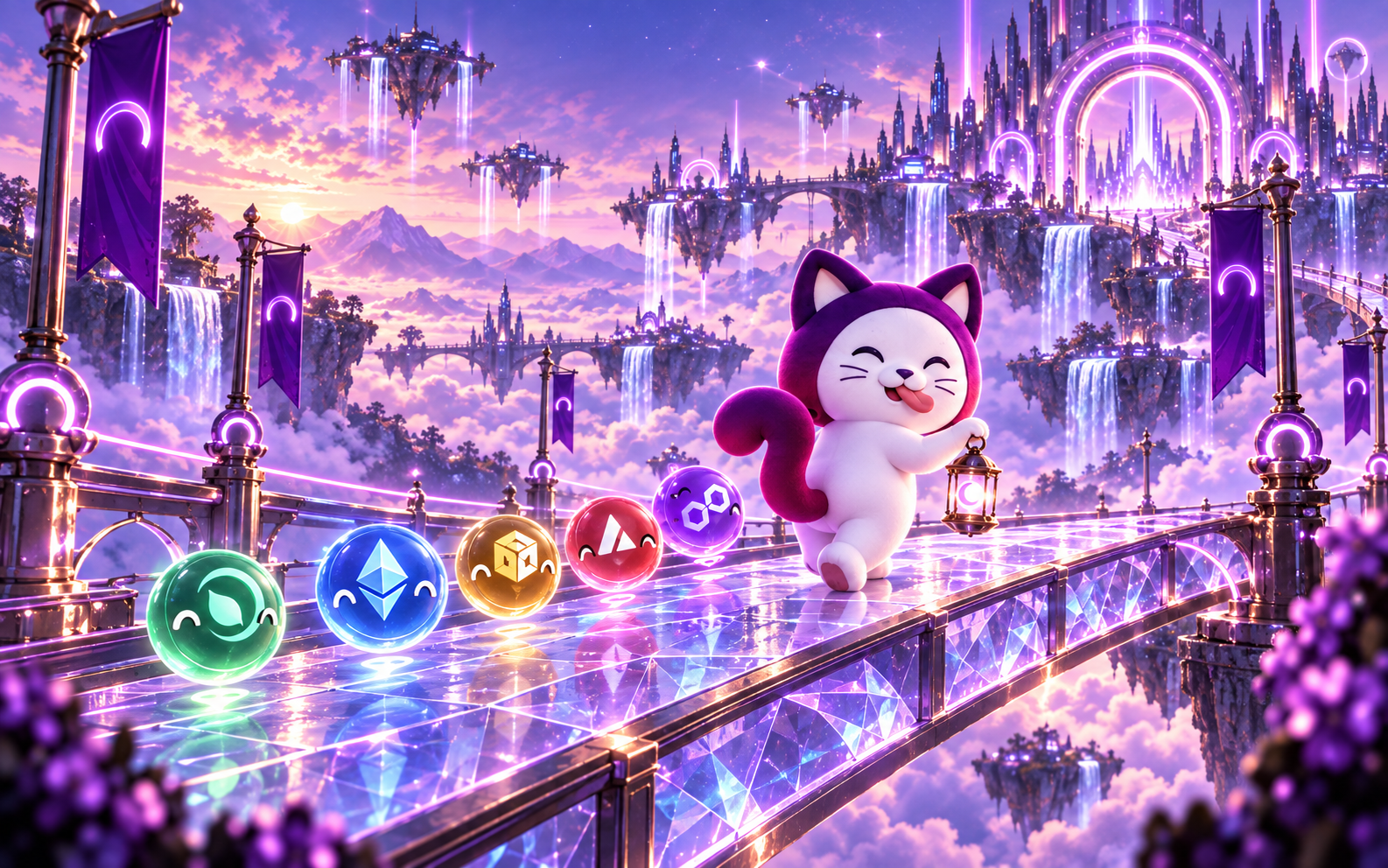 Arcat guiding colorful token travelers across a crystal bridge
